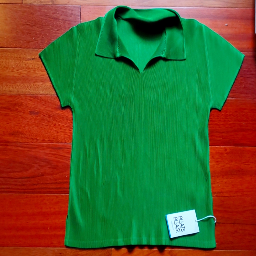 Issey Miyake Pleats Please Green Collared Top